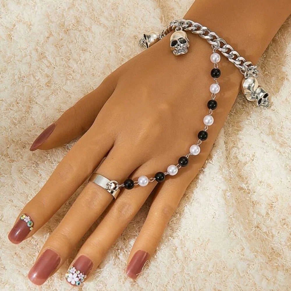 Silver black & white beaded skull  princess bracelet ring combo NEW
